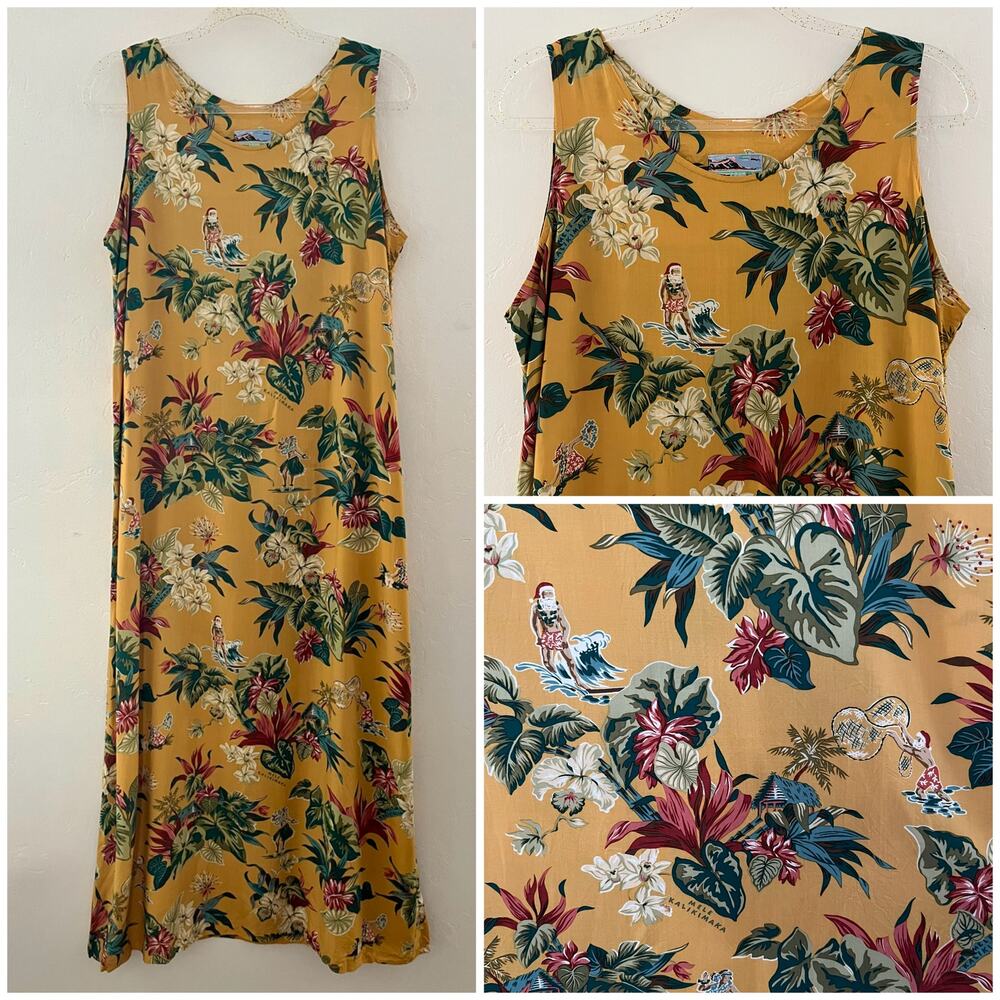 Vintage Reyn Spooner Maxi Dress Large Mele Kalikimaka Surf Santa Hawaii Island